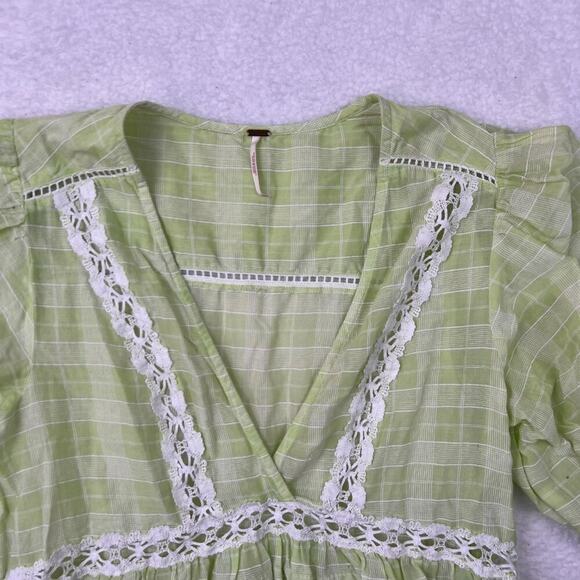Free People Boho Cottage Core Blouse Time Out Lace Plaid Lime Tunic Top XS - Picture 3 of 5